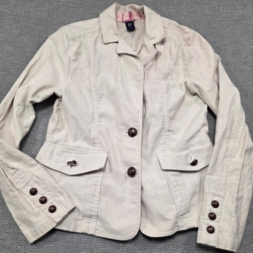 Gap Womens Corduroy Blazer Jacket Cream Ivory Size 12 Button Front Pocket Flaw
